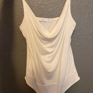 Wasabi + Mint white cowl neck bodysuit.